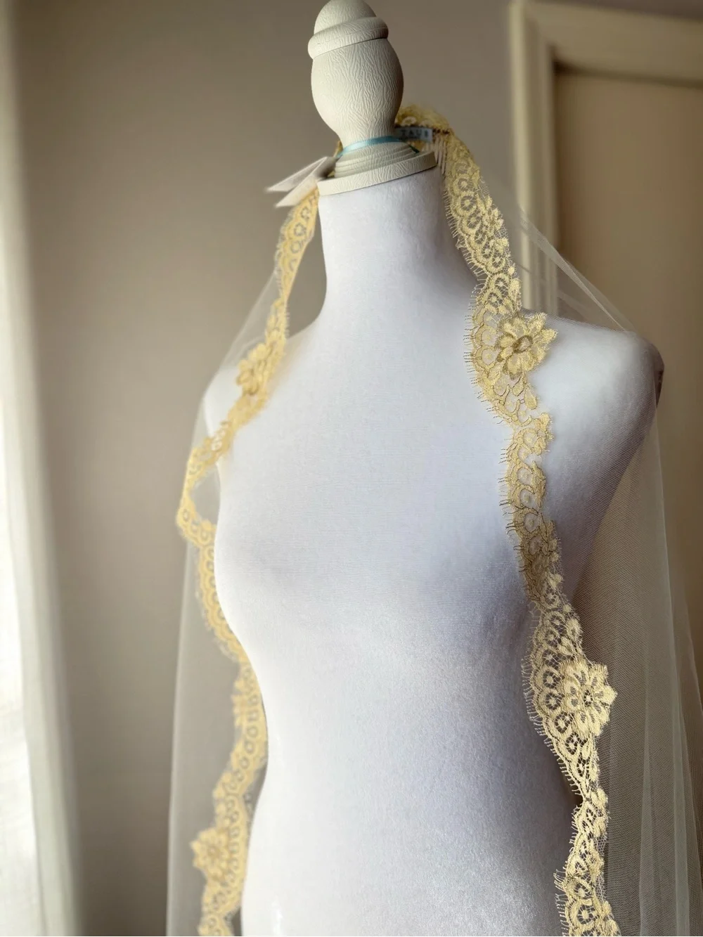Ariel Taub Delphine Metallic Gold Chantilly Lace Mantilla Veil Chapel Length 90”